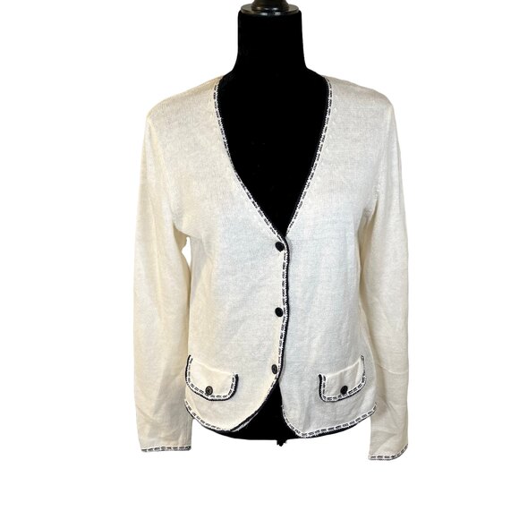 Lauren Ralph Lauren SAMPLE Linen Blend Ivory Navy Button Front Cardigan Medium - Picture 1 of 3